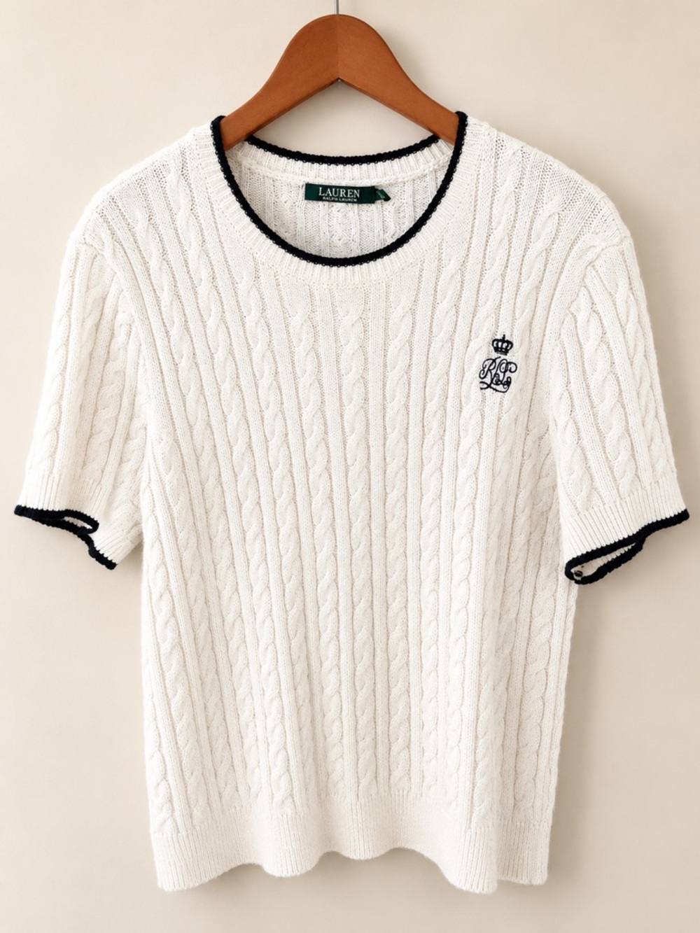 Lauren Ralph Lauren Cable Knit Sweater | 100% Cotton | Cream & Black Trim | XL - Picture 2 of 6